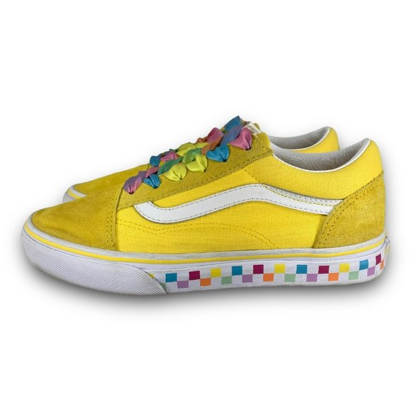 Vans Old Skool Rainbow Lace Sneaker 508357 Suede Canvas Yellow Youth 4 Women 5.5 - Picture 2 of 9